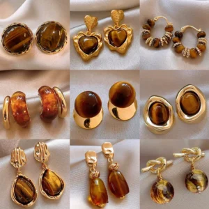 Crossborder Maillard Tiger Eye Stone Earrings Autumn and Winter 2025 New Womens Light Luxury HighQuality Niche Versatile Ear Accessories