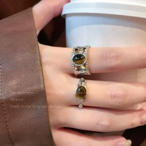 Maillard tiger eye stone open adjustable ring womens niche design index finger ring retro heavy industry oval ring