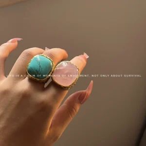 French niche design ab pink crystal ring for women fashionable retro metallic exaggerated turquoise index finger ring