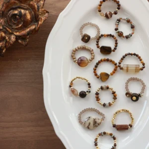 Jingjifeng decadent style agate tiger eye stone wood beads natural stone ring original handmade finger ring beaded ring